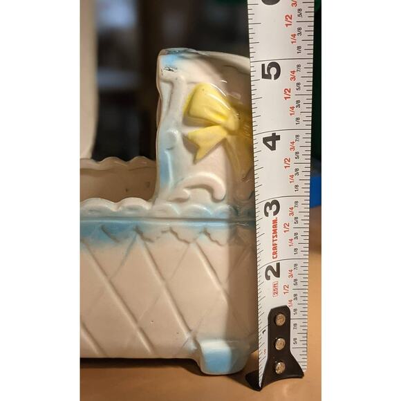 Giftwares Co Nancy Pew Baby Cradle Bassinet Planter Blue White Yellow Bows - Picture 7 of 8